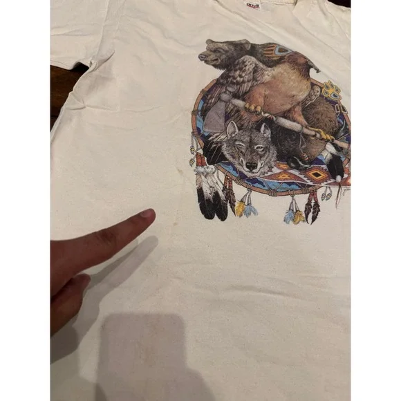 Vintage Anvil Wolf Eagle Bear Dreamcatcher Graphic T-Shirt Men XL Cream USA Made - Picture 5 of 7